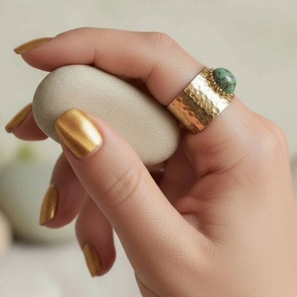 Elegant 18K Gold Plated Adjustable Ring with Moss Agate Stone, Fits 7-8 💍 - Picture 3 of 17